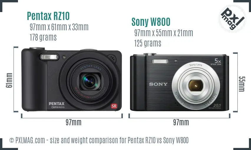 Pentax RZ10 vs Sony W800 size comparison