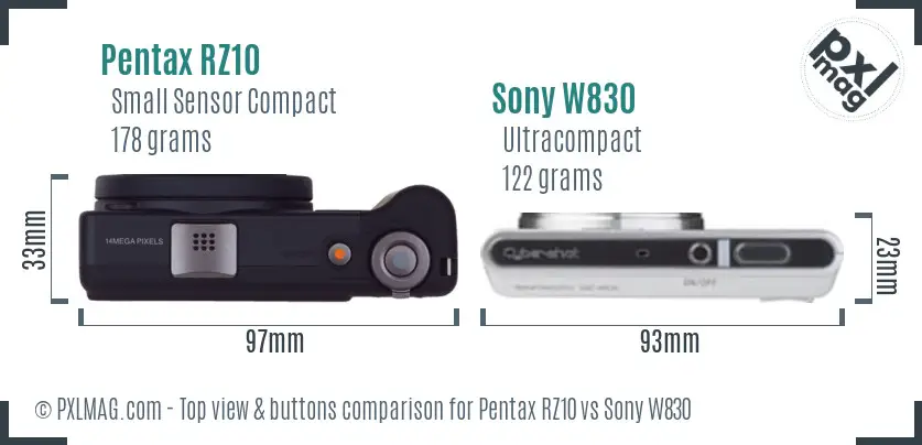 Pentax RZ10 vs Sony W830 top view buttons comparison Pentax RZ10 vs Sony W830 top view buttons comparison
