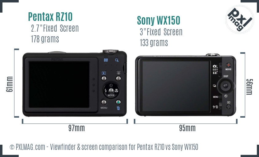 Pentax RZ10 vs Sony WX150 Screen and Viewfinder comparison