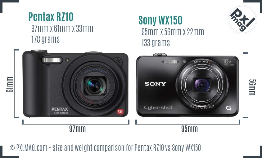 Pentax RZ10 vs Sony WX150 size comparison