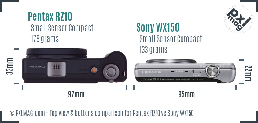 Pentax RZ10 vs Sony WX150 top view buttons comparison