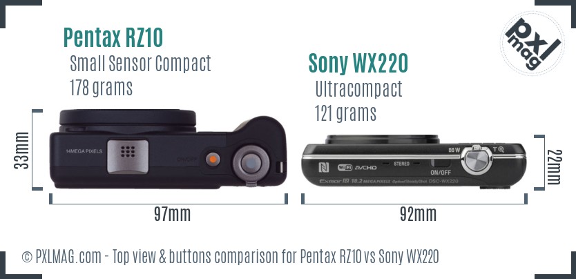 Pentax RZ10 vs Sony WX220 top view buttons comparison