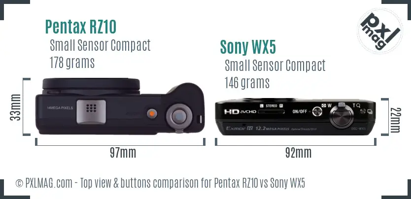 Pentax RZ10 vs Sony WX5 top view buttons comparison