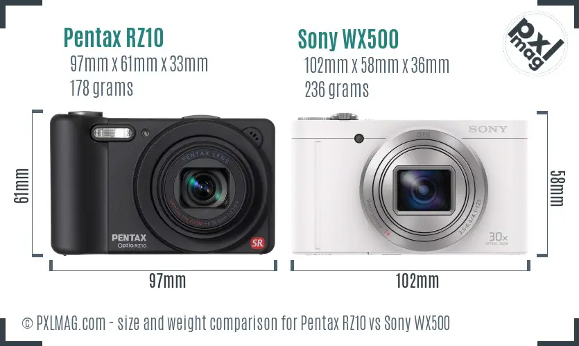 Pentax RZ10 vs Sony WX500 size comparison