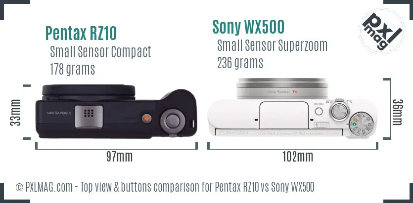 Pentax RZ10 vs Sony WX500 top view buttons comparison