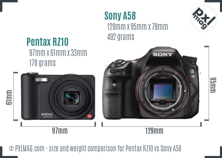 Pentax RZ10 vs Sony A58 size comparison