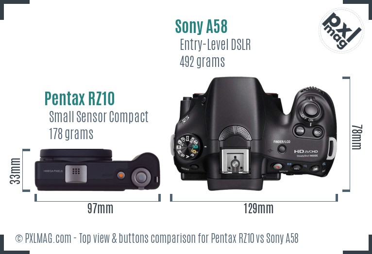 Pentax RZ10 vs Sony A58 top view buttons comparison