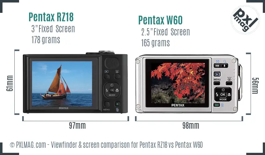 Pentax RZ18 vs Pentax W60 Screen and Viewfinder comparison