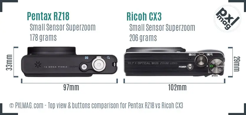 Pentax RZ18 vs Ricoh CX3 top view buttons comparison Pentax RZ18 vs Ricoh CX3 top view buttons comparison