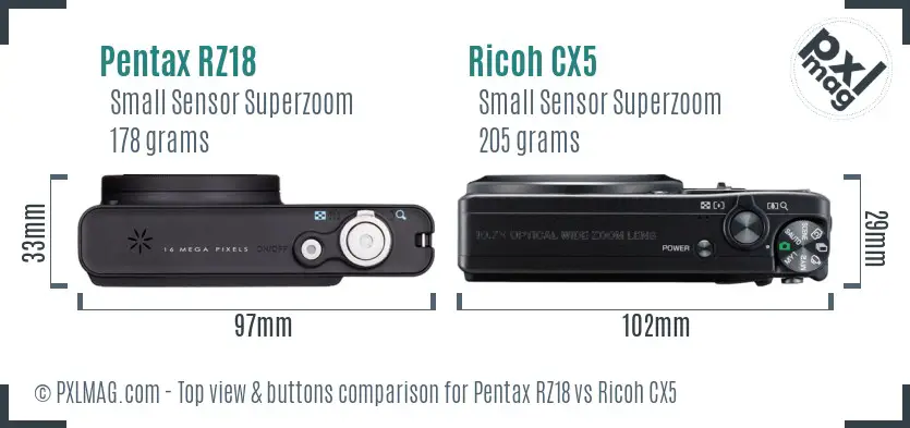 Pentax RZ18 vs Ricoh CX5 top view buttons comparison