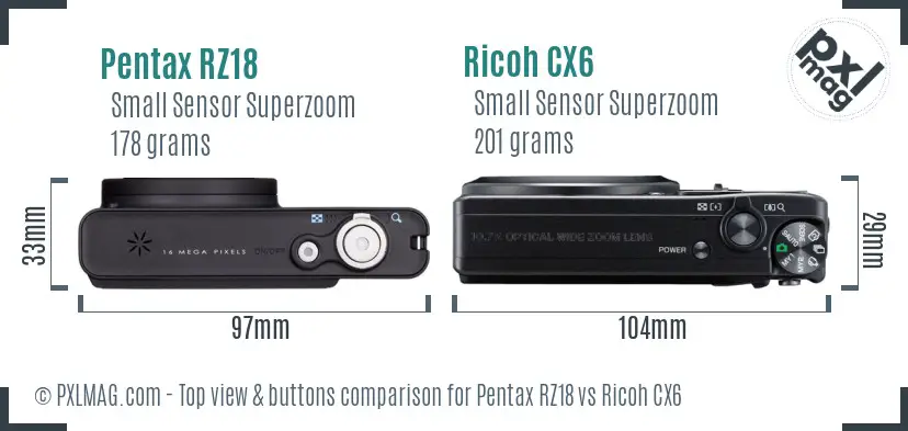 Pentax RZ18 vs Ricoh CX6 top view buttons comparison Pentax RZ18 vs Ricoh CX6 top view buttons comparison