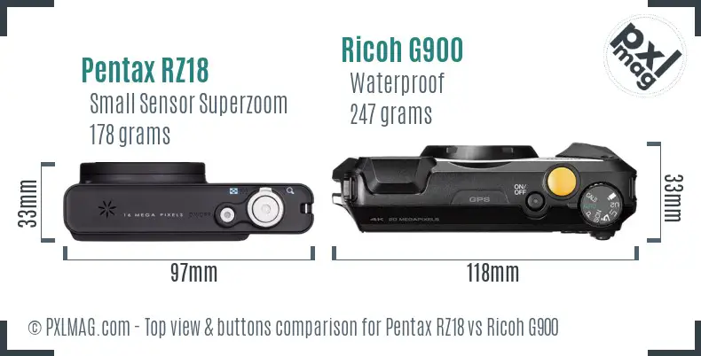 Pentax RZ18 vs Ricoh G900 top view buttons comparison Pentax RZ18 vs Ricoh G900 top view buttons comparison