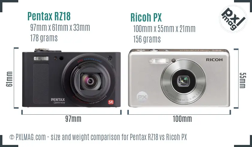 Pentax RZ18 vs Ricoh PX size comparison