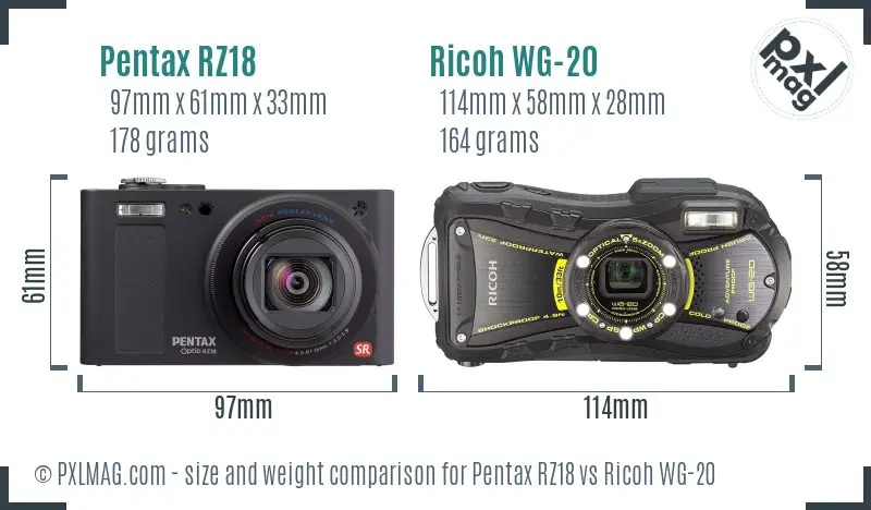 Pentax RZ18 vs Ricoh WG-20 size comparison