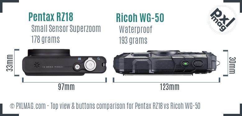 Pentax RZ18 vs Ricoh WG-50 top view buttons comparison