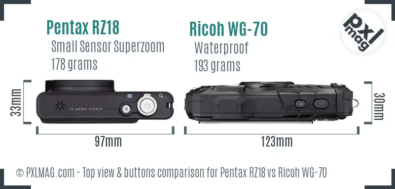 Pentax RZ18 vs Ricoh WG-70 top view buttons comparison Pentax RZ18 vs Ricoh WG-70 top view buttons comparison