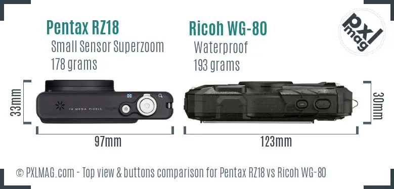 Pentax RZ18 vs Ricoh WG-80 top view buttons comparison Pentax RZ18 vs Ricoh WG-80 top view buttons comparison
