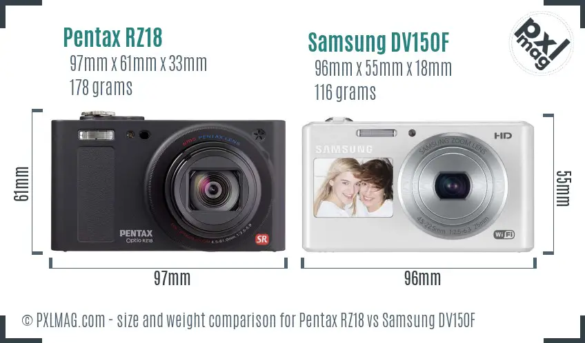 Pentax RZ18 vs Samsung DV150F size comparison