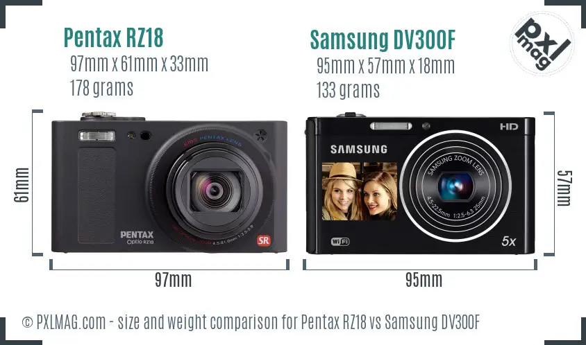 Pentax RZ18 vs Samsung DV300F size comparison