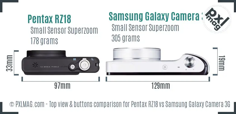Pentax RZ18 vs Samsung Galaxy Camera 3G top view buttons comparison Pentax RZ18 vs Samsung Galaxy Camera 3G top view buttons comparison