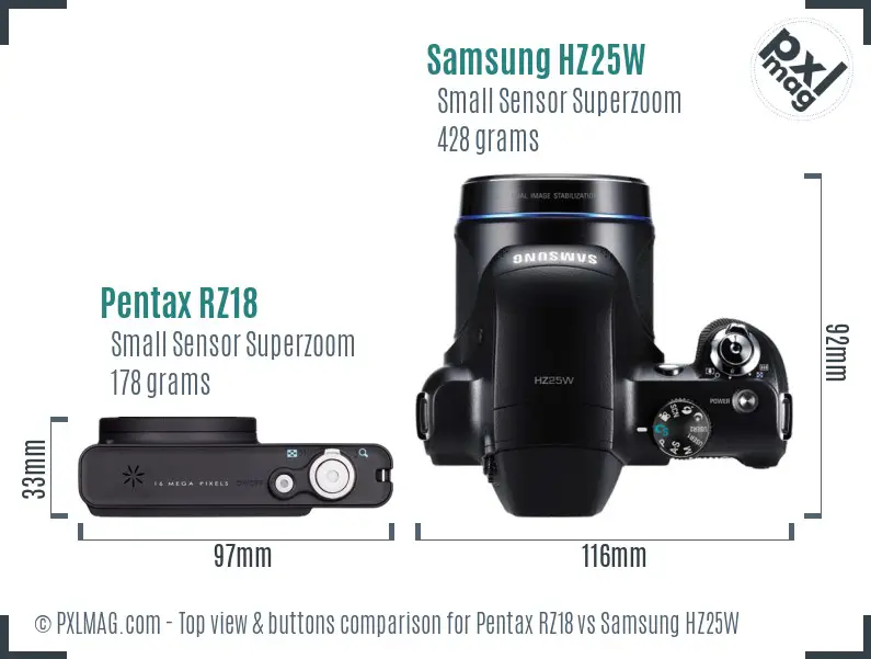 Pentax RZ18 vs Samsung HZ25W top view buttons comparison Pentax RZ18 vs Samsung HZ25W top view buttons comparison