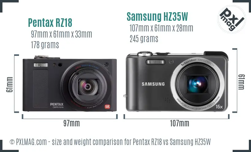 Pentax RZ18 vs Samsung HZ35W size comparison