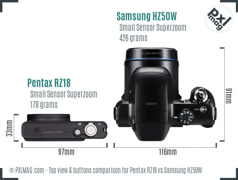 Pentax RZ18 vs Samsung HZ50W top view buttons comparison Pentax RZ18 vs Samsung HZ50W top view buttons comparison
