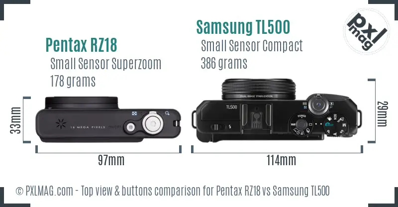 Pentax RZ18 vs Samsung TL500 top view buttons comparison Pentax RZ18 vs Samsung TL500 top view buttons comparison