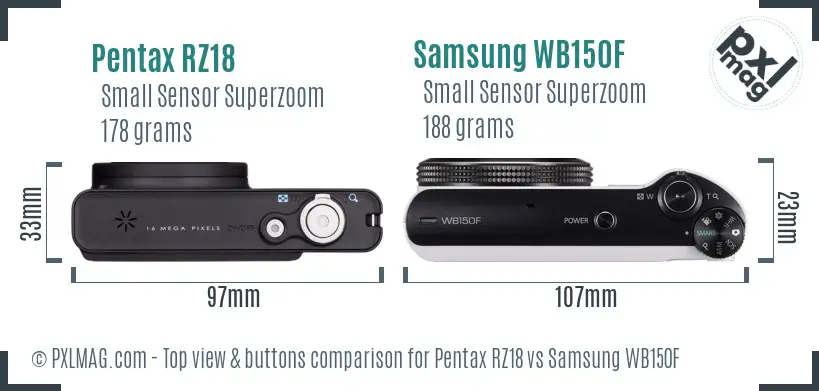 Pentax RZ18 vs Samsung WB150F top view buttons comparison Pentax RZ18 vs Samsung WB150F top view buttons comparison