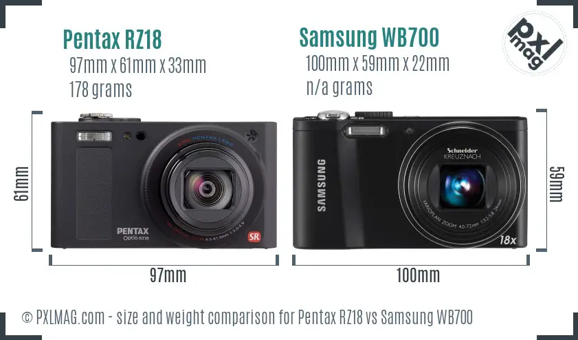 Pentax RZ18 vs Samsung WB700 size comparison Pentax RZ18 vs Samsung WB700 size comparison
