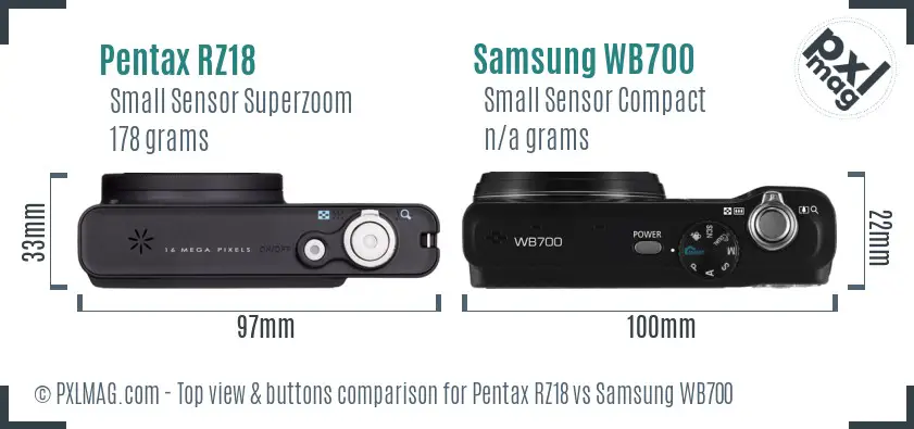 Pentax RZ18 vs Samsung WB700 top view buttons comparison Pentax RZ18 vs Samsung WB700 top view buttons comparison