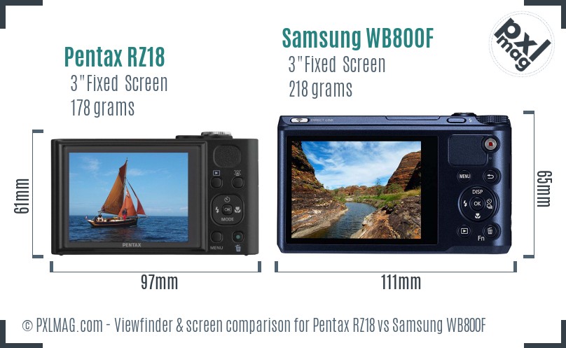 Pentax RZ18 vs Samsung WB800F Screen and Viewfinder comparison