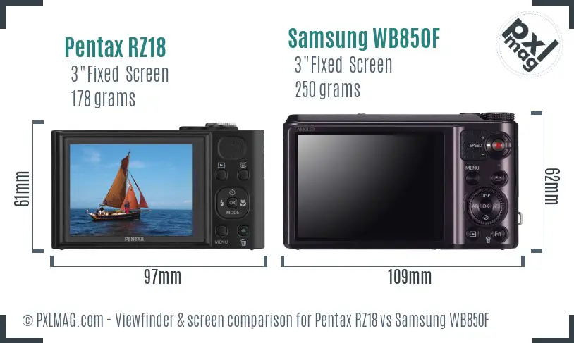 Pentax RZ18 vs Samsung WB850F Screen and Viewfinder comparison Pentax RZ18 vs Samsung WB850F Screen and Viewfinder comparison