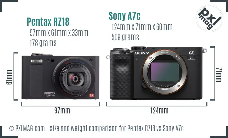 Pentax RZ18 vs Sony A7c size comparison