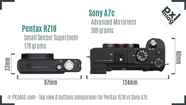 Pentax RZ18 vs Sony A7c top view buttons comparison
