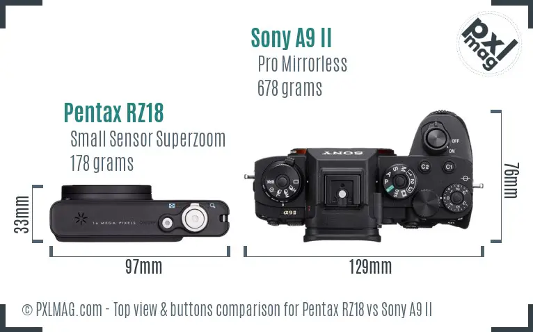 Pentax RZ18 vs Sony A9 II top view buttons comparison