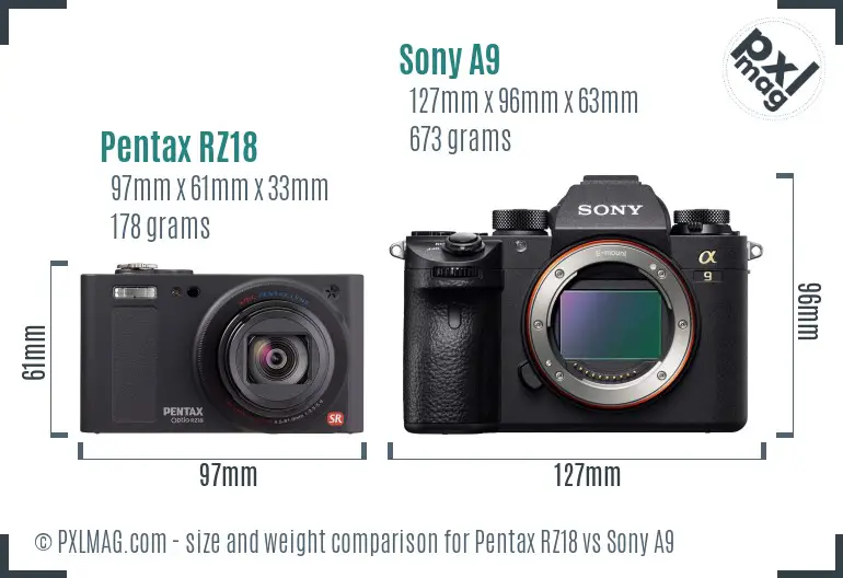 Pentax RZ18 vs Sony A9 size comparison