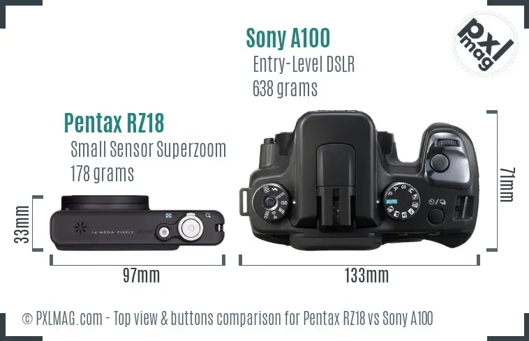 Pentax RZ18 vs Sony A100 top view buttons comparison