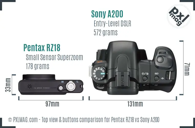 Pentax RZ18 vs Sony A200 top view buttons comparison