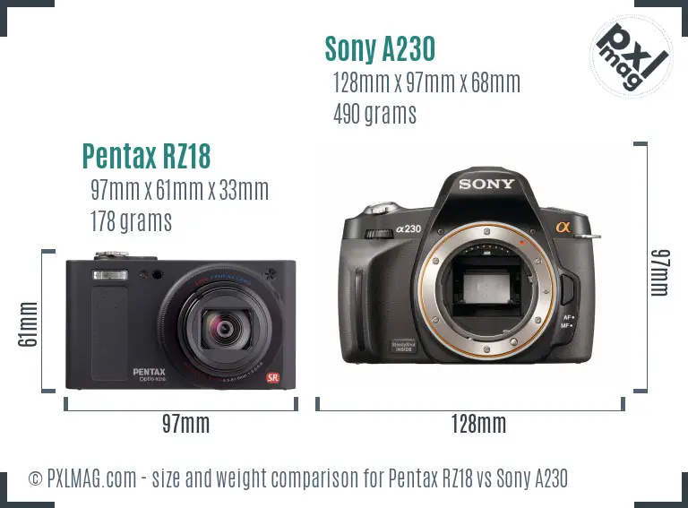 Pentax RZ18 vs Sony A230 size comparison