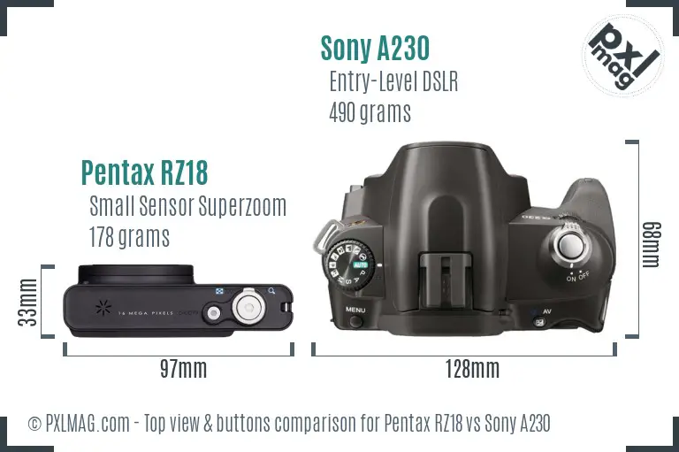 Pentax RZ18 vs Sony A230 top view buttons comparison