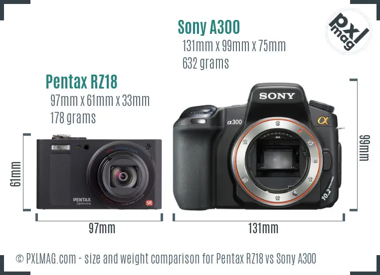 Pentax RZ18 vs Sony A300 size comparison