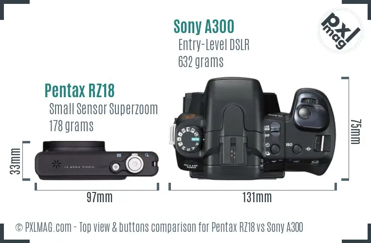 Pentax RZ18 vs Sony A300 top view buttons comparison