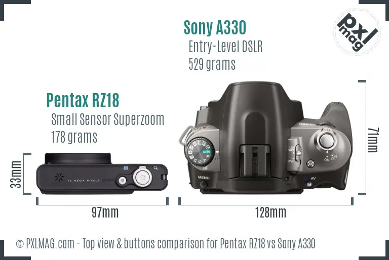 Pentax RZ18 vs Sony A330 top view buttons comparison Pentax RZ18 vs Sony A330 top view buttons comparison