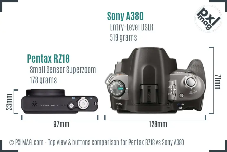 Pentax RZ18 vs Sony A380 top view buttons comparison Pentax RZ18 vs Sony A380 top view buttons comparison