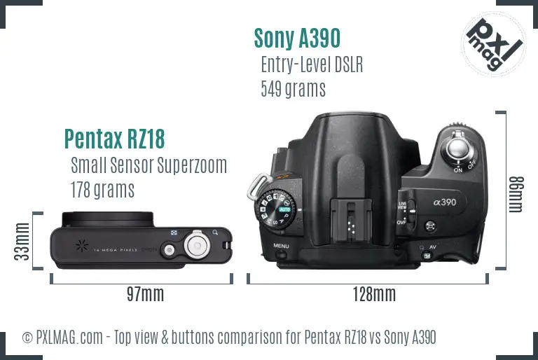 Pentax RZ18 vs Sony A390 top view buttons comparison Pentax RZ18 vs Sony A390 top view buttons comparison