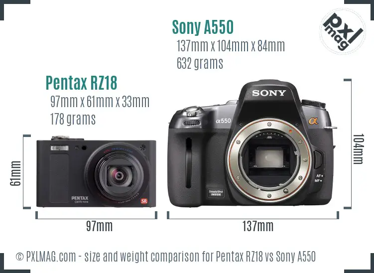 Pentax RZ18 vs Sony A550 size comparison