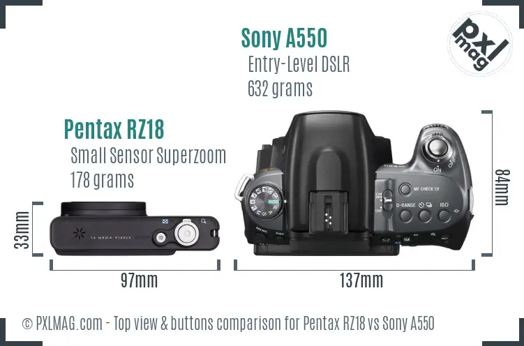 Pentax RZ18 vs Sony A550 top view buttons comparison