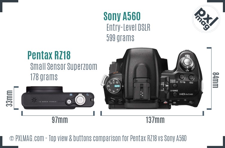 Pentax RZ18 vs Sony A560 top view buttons comparison