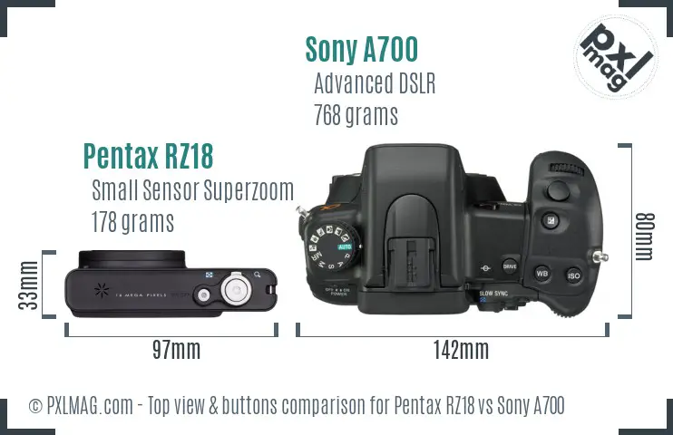 Pentax RZ18 vs Sony A700 top view buttons comparison